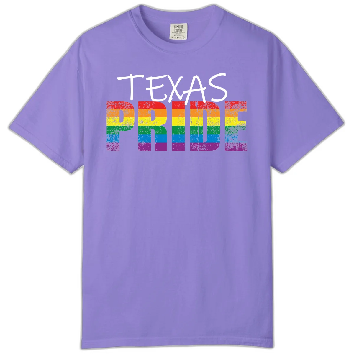 White 'TEXAS PRIDE' text with 'PRIDE' filled in rainbow flag stripes on gray background with distressed texture in Violet