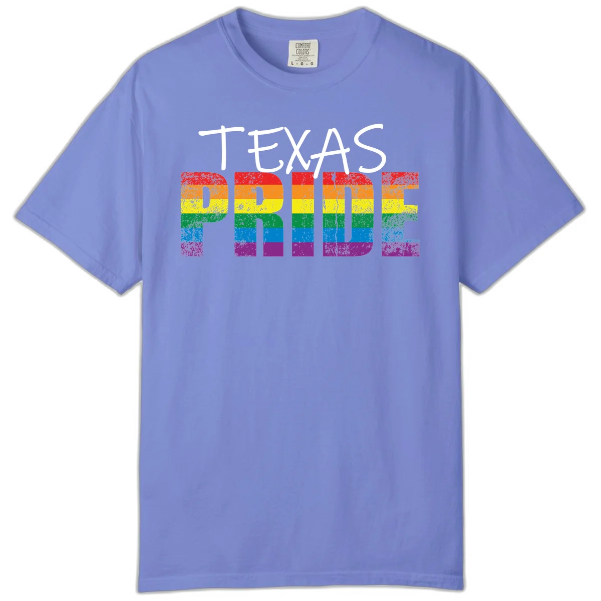 White 'TEXAS PRIDE' text with 'PRIDE' filled in rainbow flag stripes on gray background with distressed texture in Flo Blue