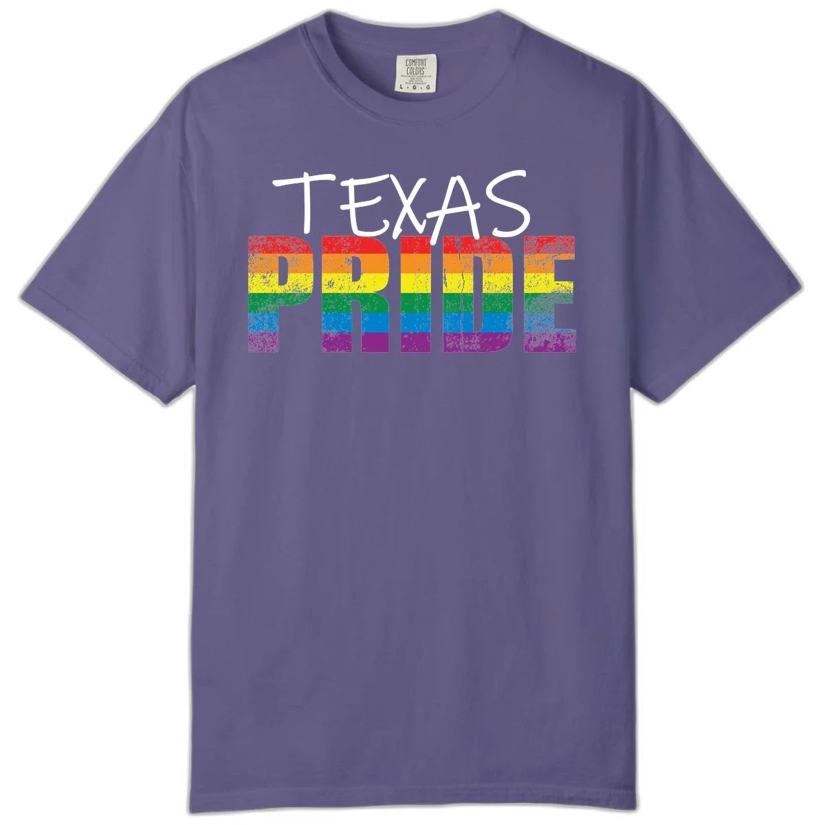 White 'TEXAS PRIDE' text with 'PRIDE' filled in rainbow flag stripes on gray background with distressed texture in Grape
