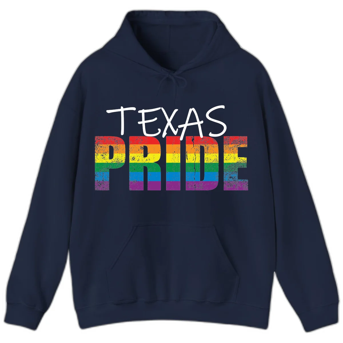 White 'TEXAS PRIDE' text with 'PRIDE' filled in rainbow flag stripes on gray background with distressed texture in Navy
