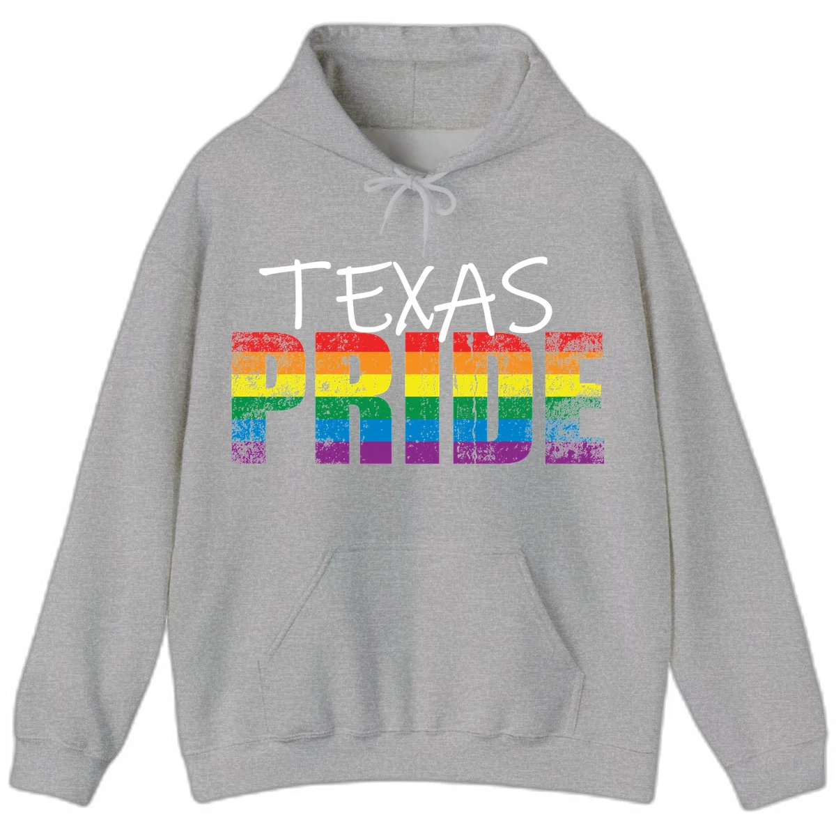 White 'TEXAS PRIDE' text with 'PRIDE' filled in rainbow flag stripes on gray background with distressed texture in Sport Grey