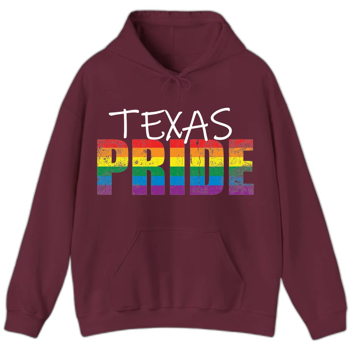 White 'TEXAS PRIDE' text with 'PRIDE' filled in rainbow flag stripes on gray background with distressed texture in Maroon