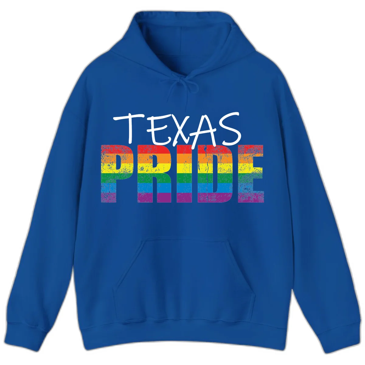 White 'TEXAS PRIDE' text with 'PRIDE' filled in rainbow flag stripes on gray background with distressed texture in Royal