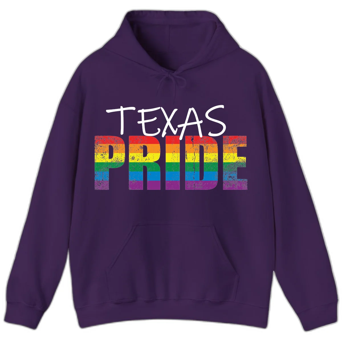 White 'TEXAS PRIDE' text with 'PRIDE' filled in rainbow flag stripes on gray background with distressed texture in Purple