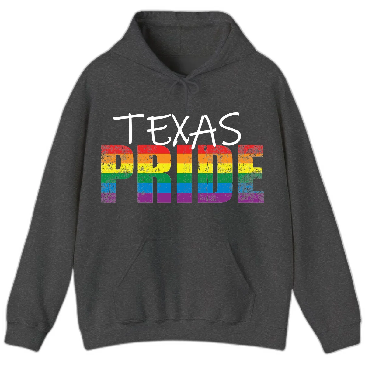 White 'TEXAS PRIDE' text with 'PRIDE' filled in rainbow flag stripes on gray background with distressed texture in Dark Heather