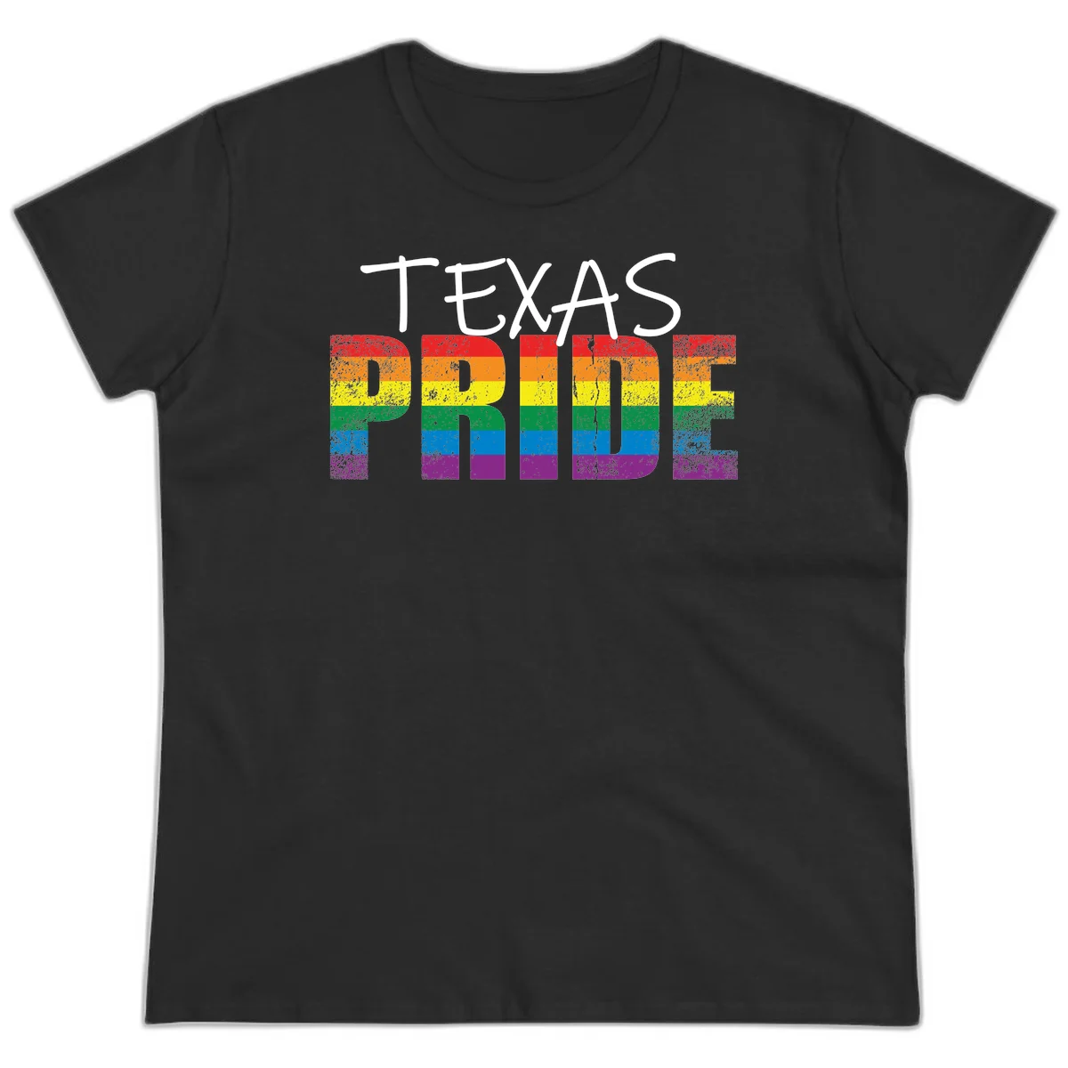 White 'TEXAS PRIDE' text with 'PRIDE' filled in rainbow flag stripes on gray background with distressed texture in Black