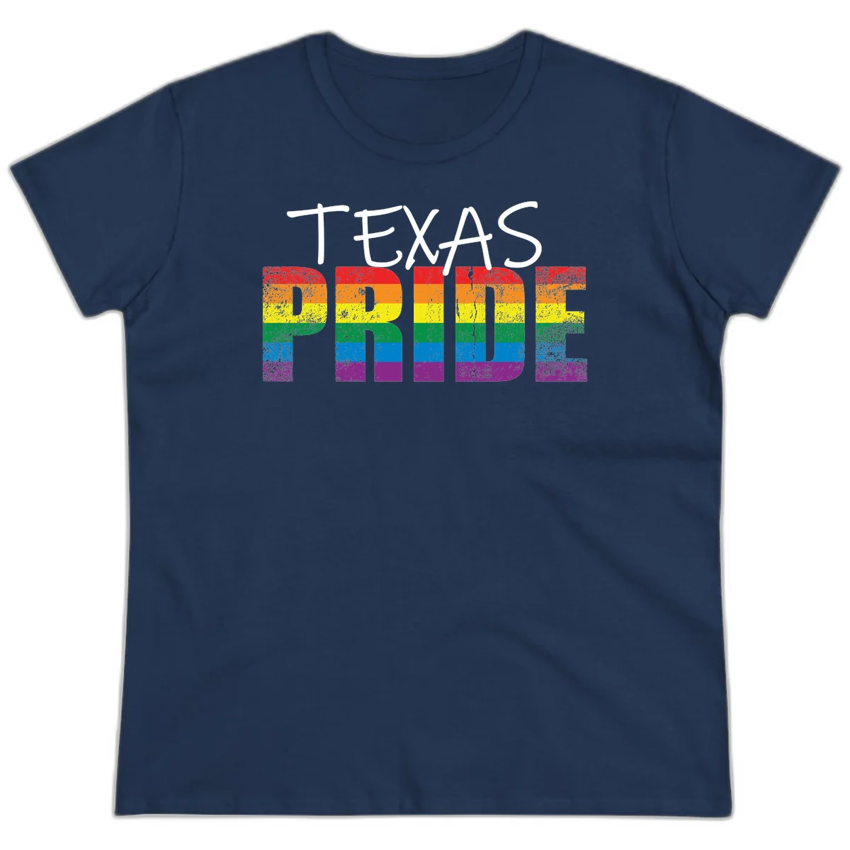 White 'TEXAS PRIDE' text with 'PRIDE' filled in rainbow flag stripes on gray background with distressed texture in Navy