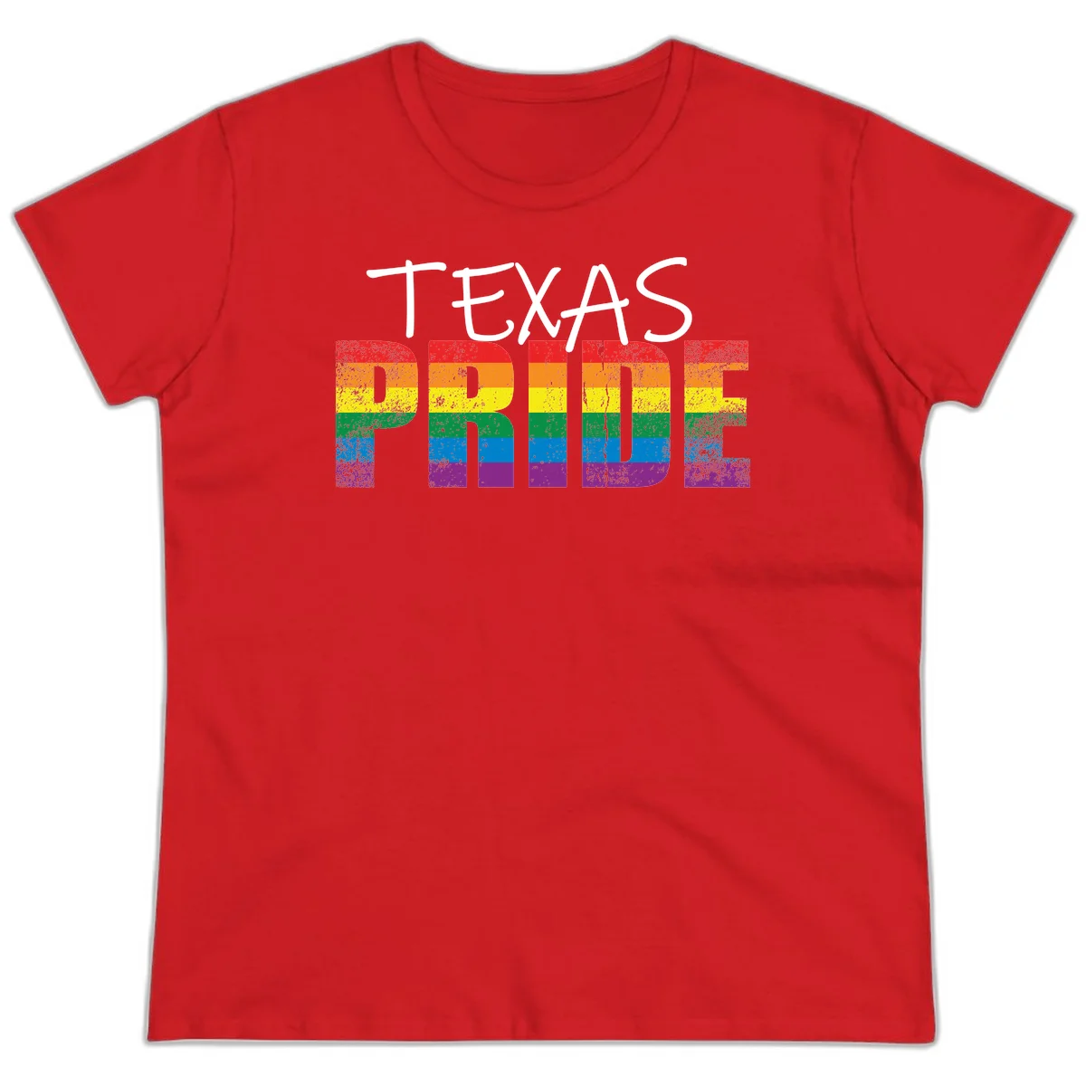 White 'TEXAS PRIDE' text with 'PRIDE' filled in rainbow flag stripes on gray background with distressed texture in Red