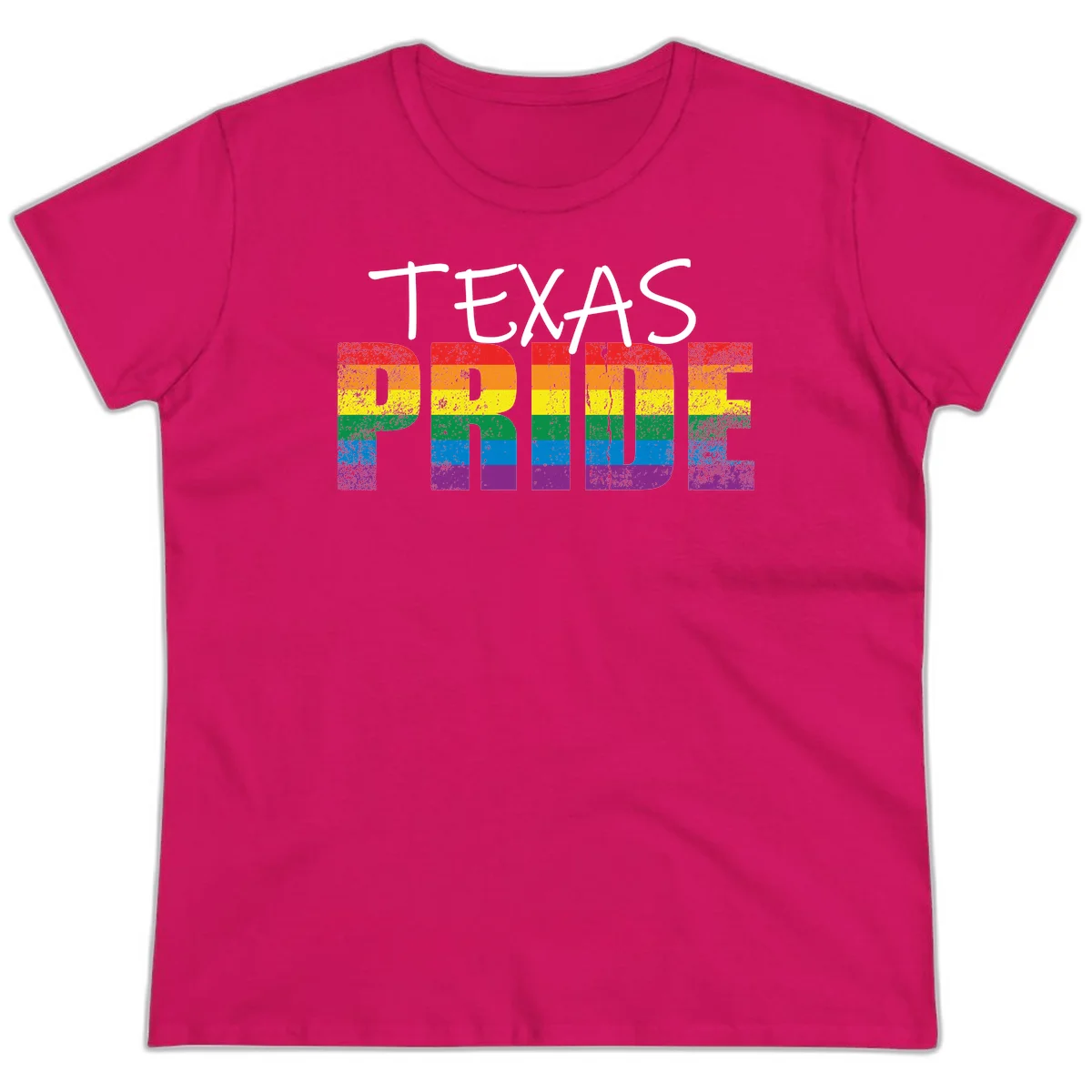 White 'TEXAS PRIDE' text with 'PRIDE' filled in rainbow flag stripes on gray background with distressed texture in Heliconia