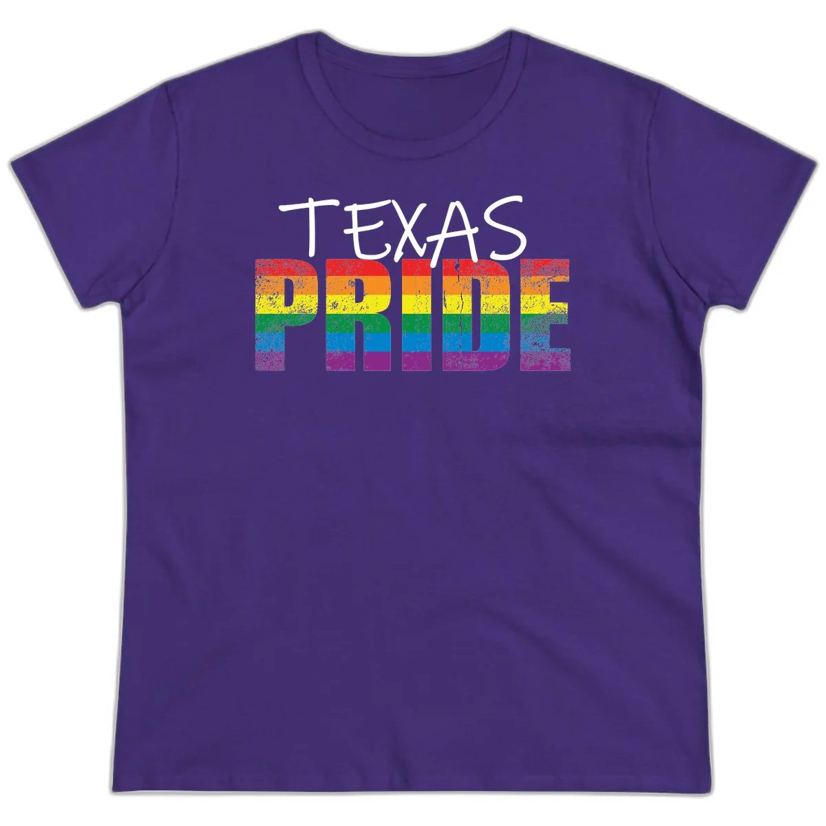 White 'TEXAS PRIDE' text with 'PRIDE' filled in rainbow flag stripes on gray background with distressed texture in Purple