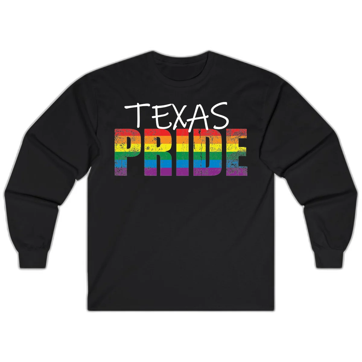 White 'TEXAS PRIDE' text with 'PRIDE' filled in rainbow flag stripes on gray background with distressed texture in Black