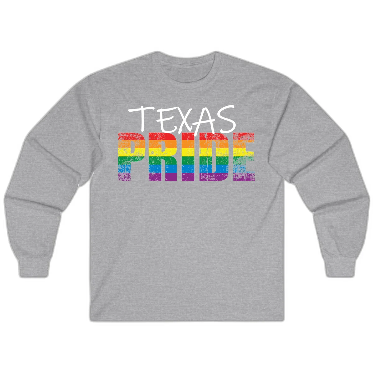 White 'TEXAS PRIDE' text with 'PRIDE' filled in rainbow flag stripes on gray background with distressed texture in Sport Grey