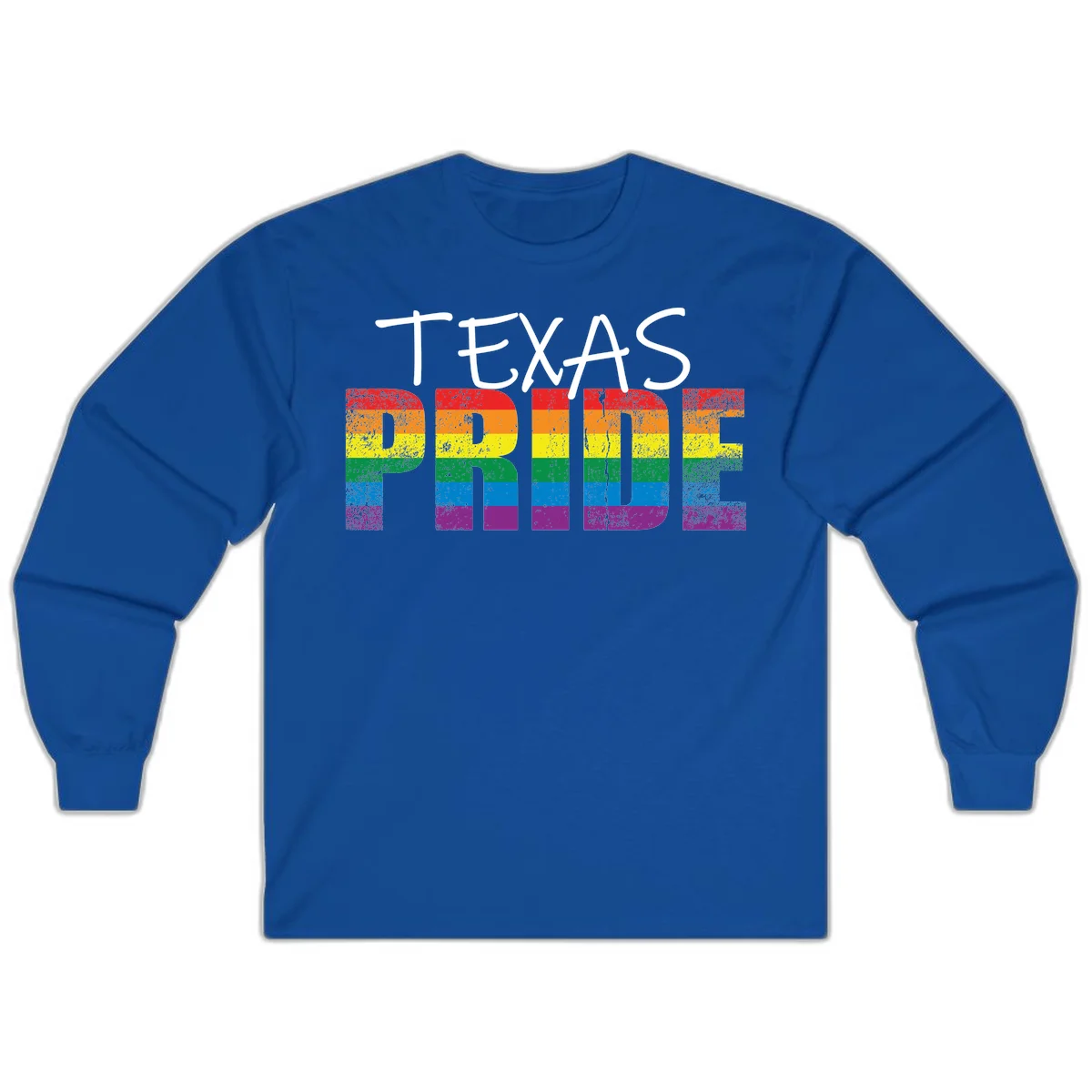 White 'TEXAS PRIDE' text with 'PRIDE' filled in rainbow flag stripes on gray background with distressed texture in Royal