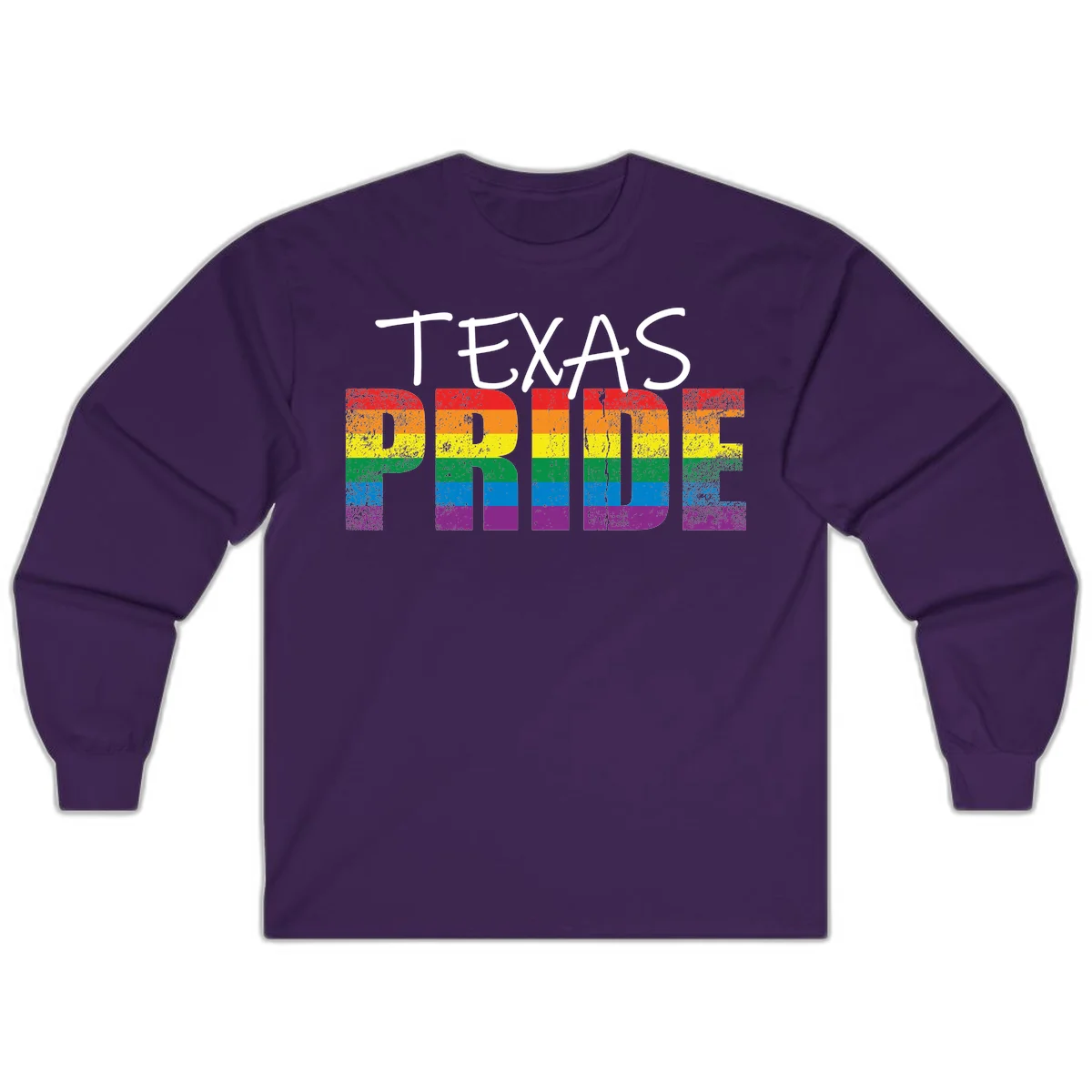 White 'TEXAS PRIDE' text with 'PRIDE' filled in rainbow flag stripes on gray background with distressed texture in Purple