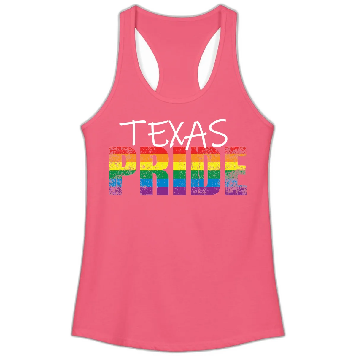 White 'TEXAS PRIDE' text with 'PRIDE' filled in rainbow flag stripes on gray background with distressed texture in Hot Pink