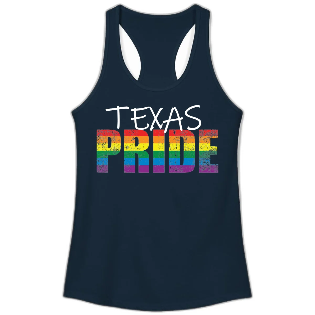 White 'TEXAS PRIDE' text with 'PRIDE' filled in rainbow flag stripes on gray background with distressed texture in Solid Midnight Navy