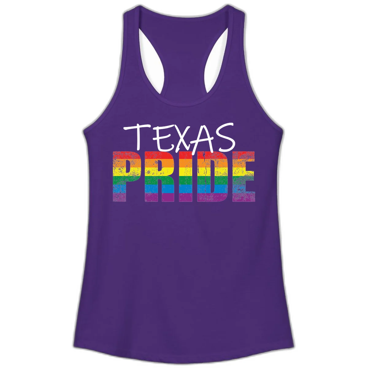 White 'TEXAS PRIDE' text with 'PRIDE' filled in rainbow flag stripes on gray background with distressed texture in Solid Purple Rush