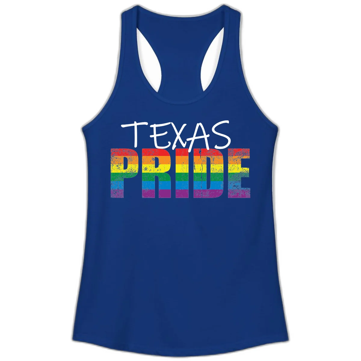 White 'TEXAS PRIDE' text with 'PRIDE' filled in rainbow flag stripes on gray background with distressed texture in Solid Royal