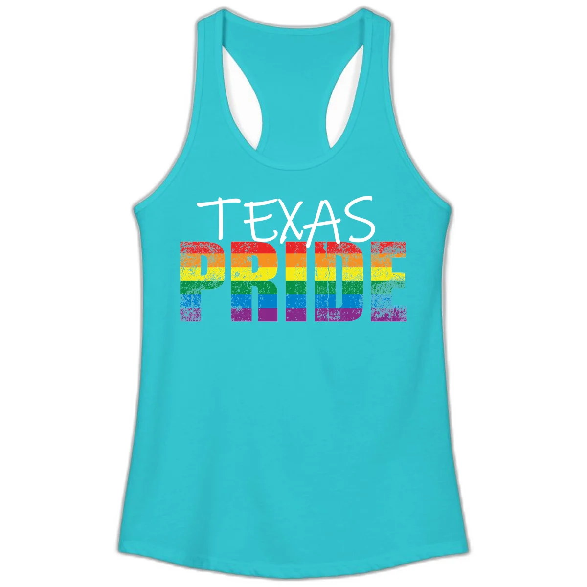 White 'TEXAS PRIDE' text with 'PRIDE' filled in rainbow flag stripes on gray background with distressed texture in Solid Tahiti Blue