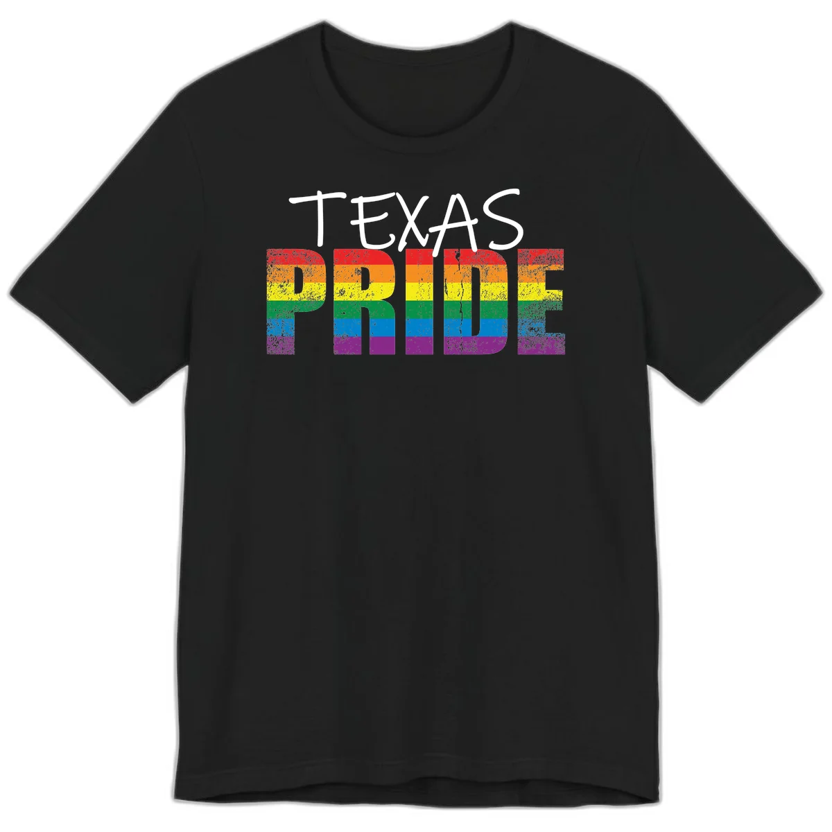 White 'TEXAS PRIDE' text with 'PRIDE' filled in rainbow flag stripes on gray background with distressed texture in Black