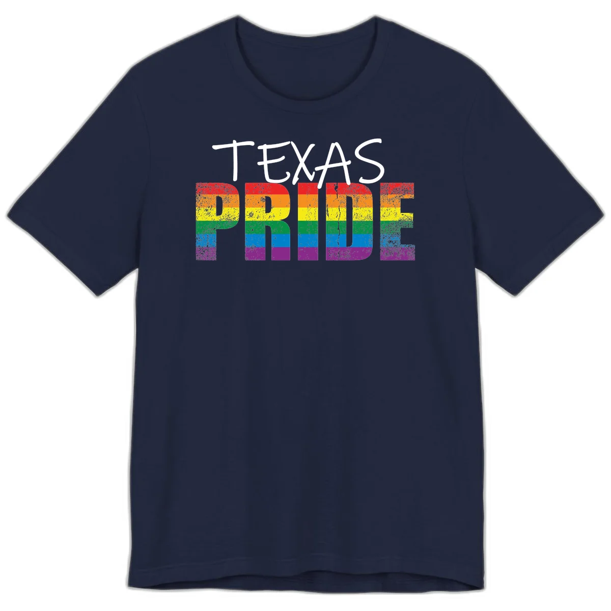 White 'TEXAS PRIDE' text with 'PRIDE' filled in rainbow flag stripes on gray background with distressed texture in Navy