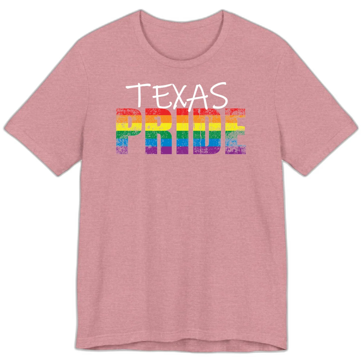 White 'TEXAS PRIDE' text with 'PRIDE' filled in rainbow flag stripes on gray background with distressed texture in Heather Orchid