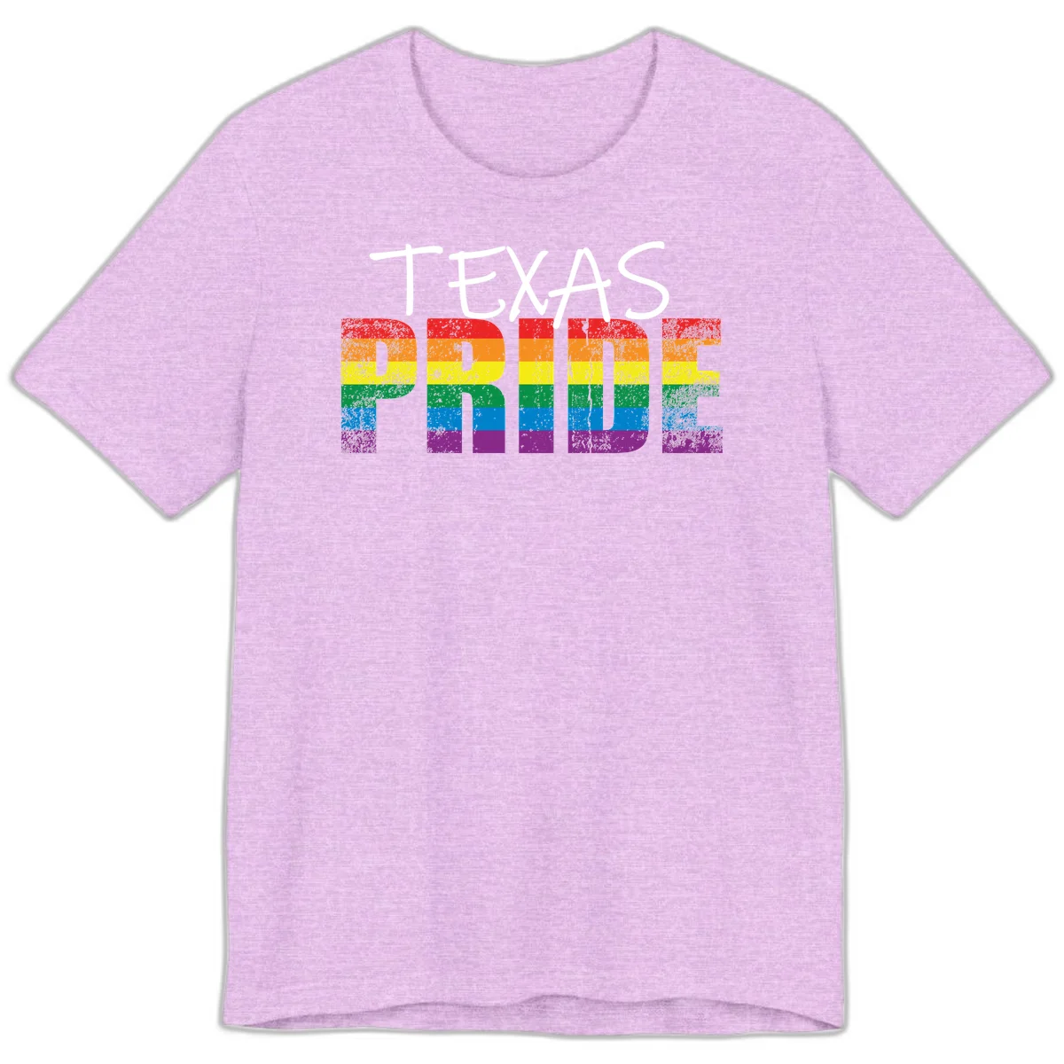 White 'TEXAS PRIDE' text with 'PRIDE' filled in rainbow flag stripes on gray background with distressed texture in Heather Prism Lilac