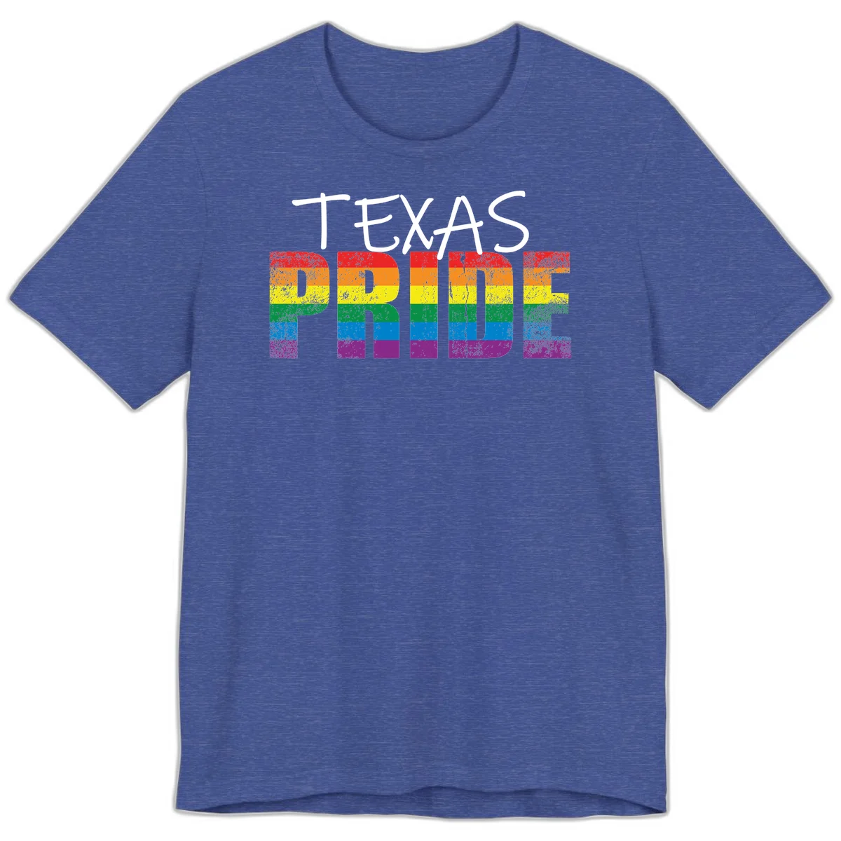 White 'TEXAS PRIDE' text with 'PRIDE' filled in rainbow flag stripes on gray background with distressed texture in Heather True Royal
