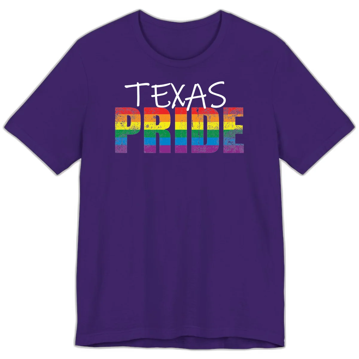 White 'TEXAS PRIDE' text with 'PRIDE' filled in rainbow flag stripes on gray background with distressed texture in Team Purple