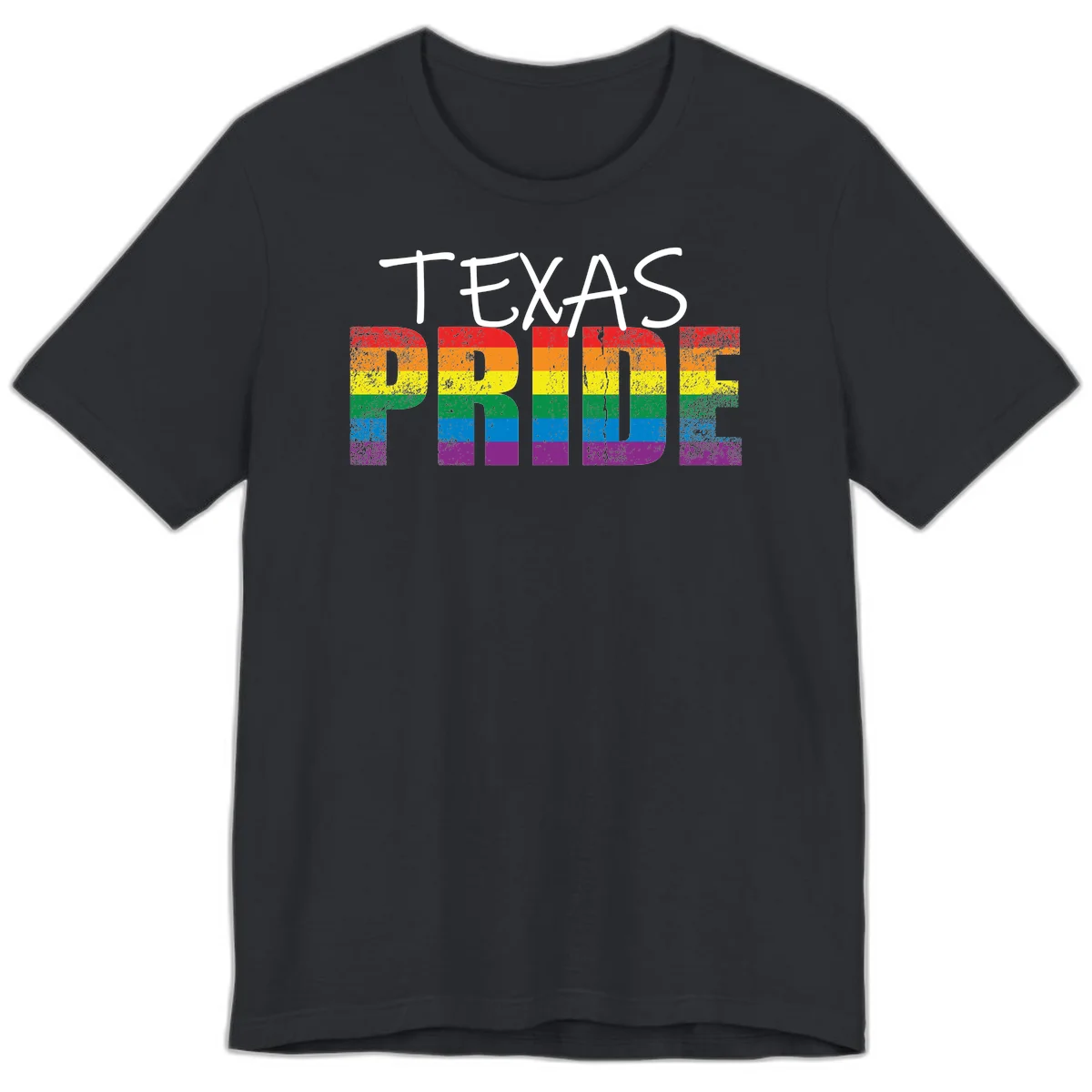 White 'TEXAS PRIDE' text with 'PRIDE' filled in rainbow flag stripes on gray background with distressed texture in Vintage Black