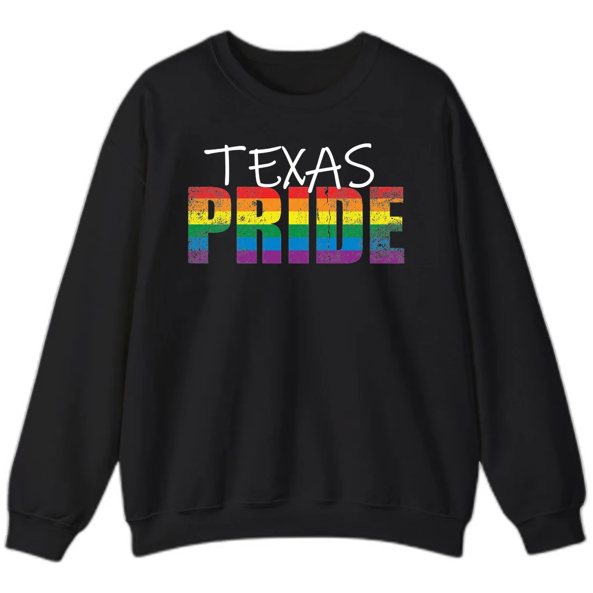 White 'TEXAS PRIDE' text with 'PRIDE' filled in rainbow flag stripes on gray background with distressed texture in Black
