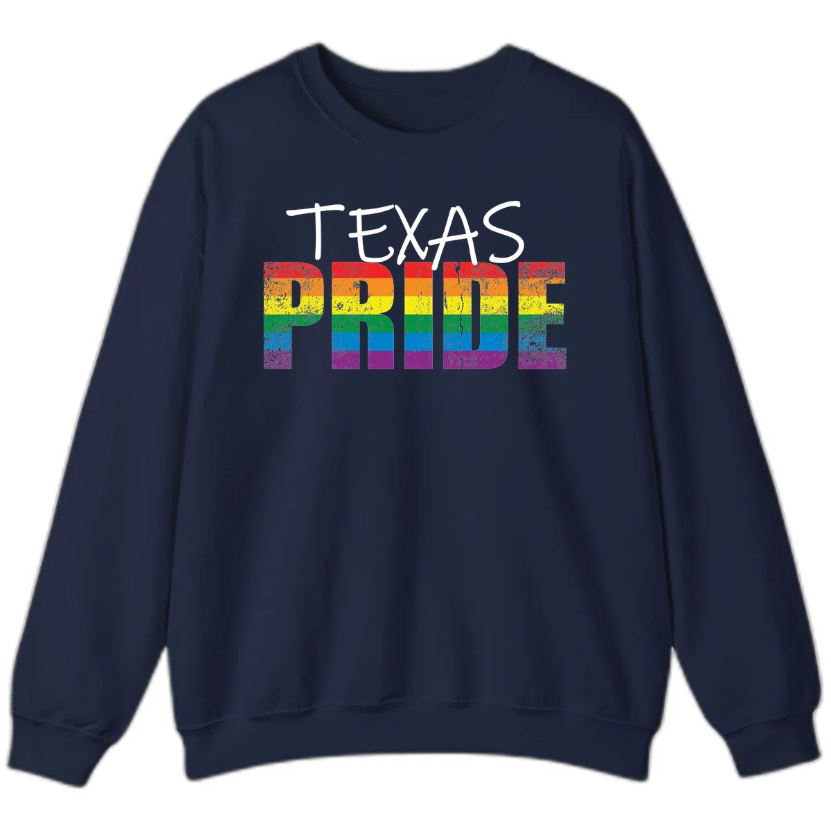 White 'TEXAS PRIDE' text with 'PRIDE' filled in rainbow flag stripes on gray background with distressed texture in Navy