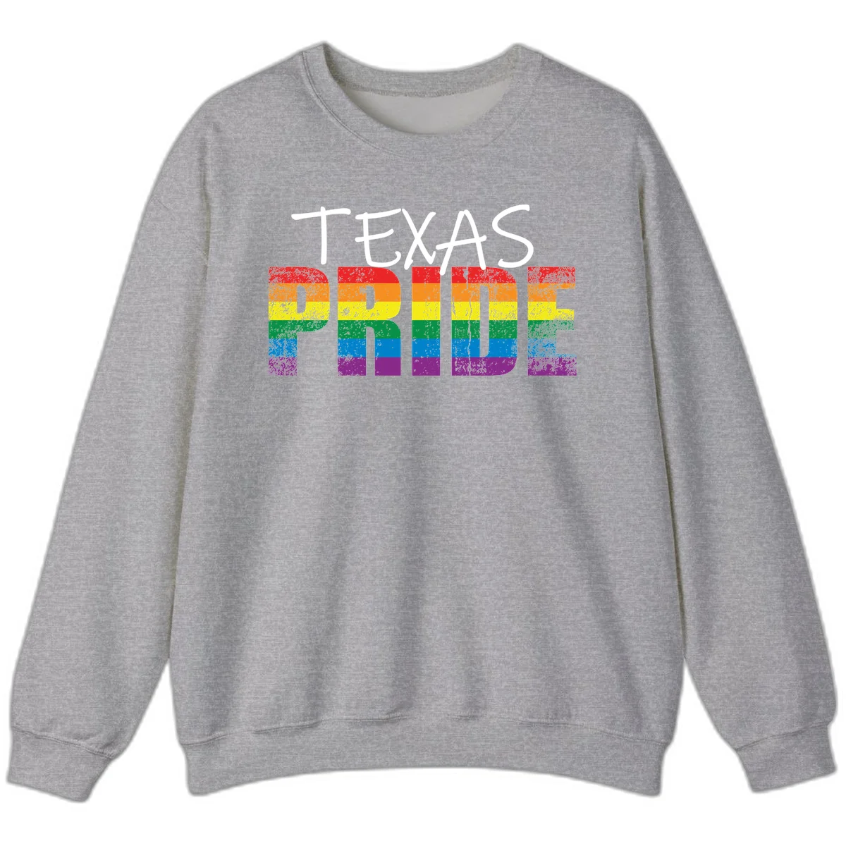 White 'TEXAS PRIDE' text with 'PRIDE' filled in rainbow flag stripes on gray background with distressed texture in Sport Grey