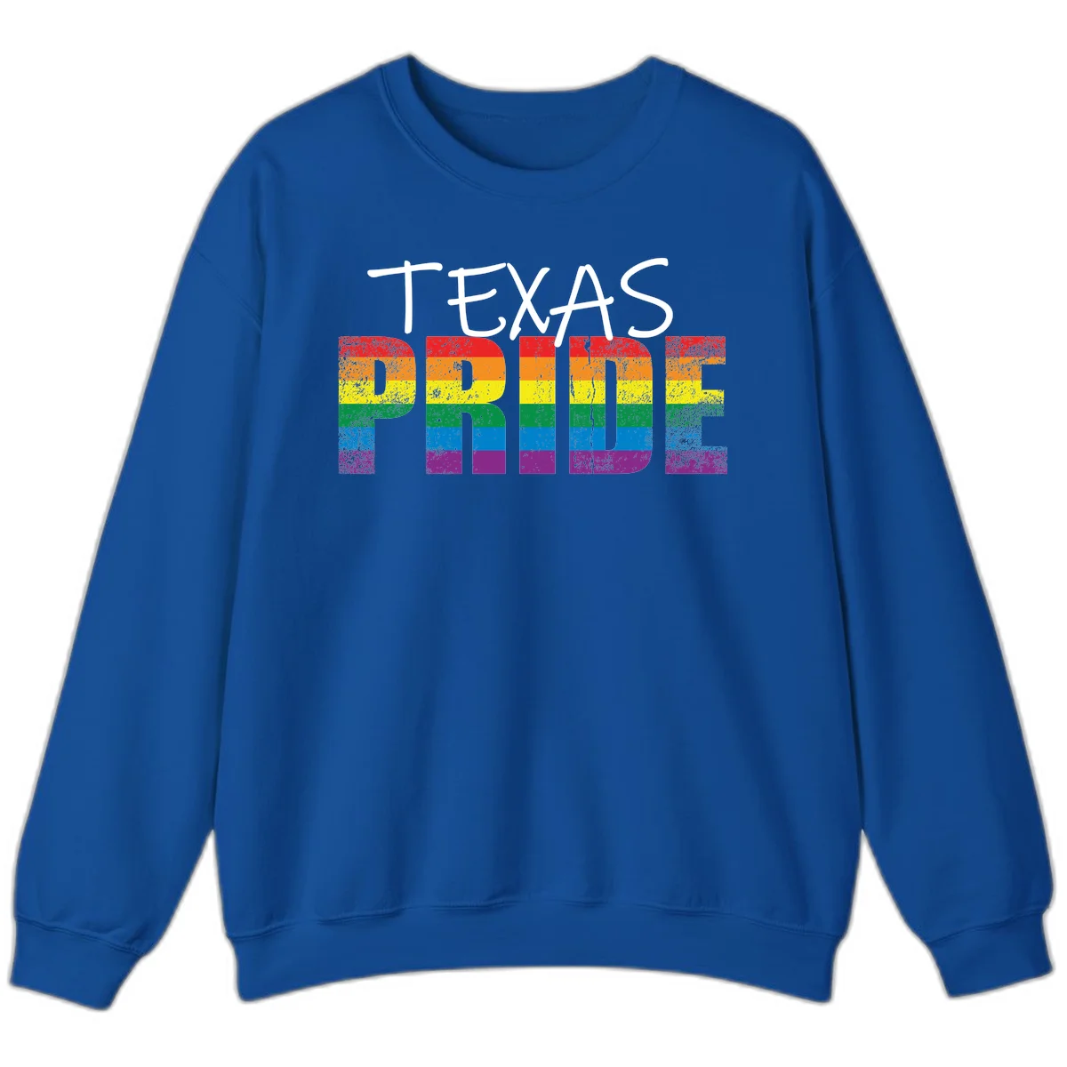White 'TEXAS PRIDE' text with 'PRIDE' filled in rainbow flag stripes on gray background with distressed texture in Royal