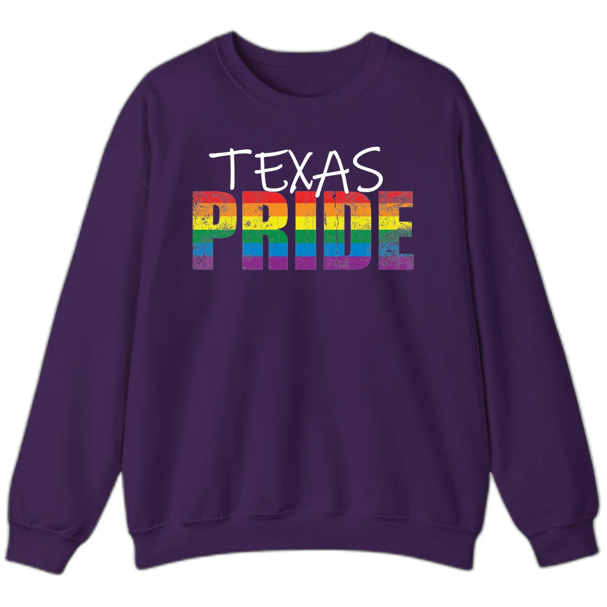 White 'TEXAS PRIDE' text with 'PRIDE' filled in rainbow flag stripes on gray background with distressed texture in Purple