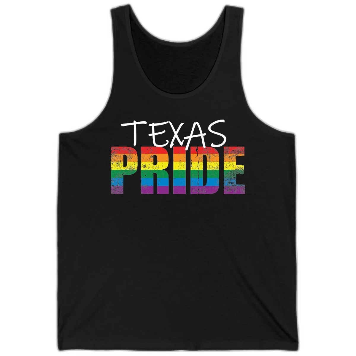 White 'TEXAS PRIDE' text with 'PRIDE' filled in rainbow flag stripes on gray background with distressed texture in Black