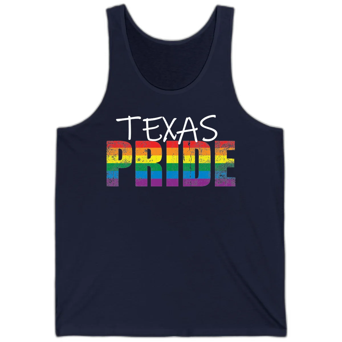 White 'TEXAS PRIDE' text with 'PRIDE' filled in rainbow flag stripes on gray background with distressed texture in Navy