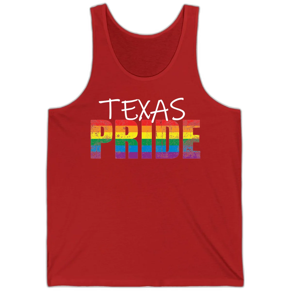 White 'TEXAS PRIDE' text with 'PRIDE' filled in rainbow flag stripes on gray background with distressed texture in Red