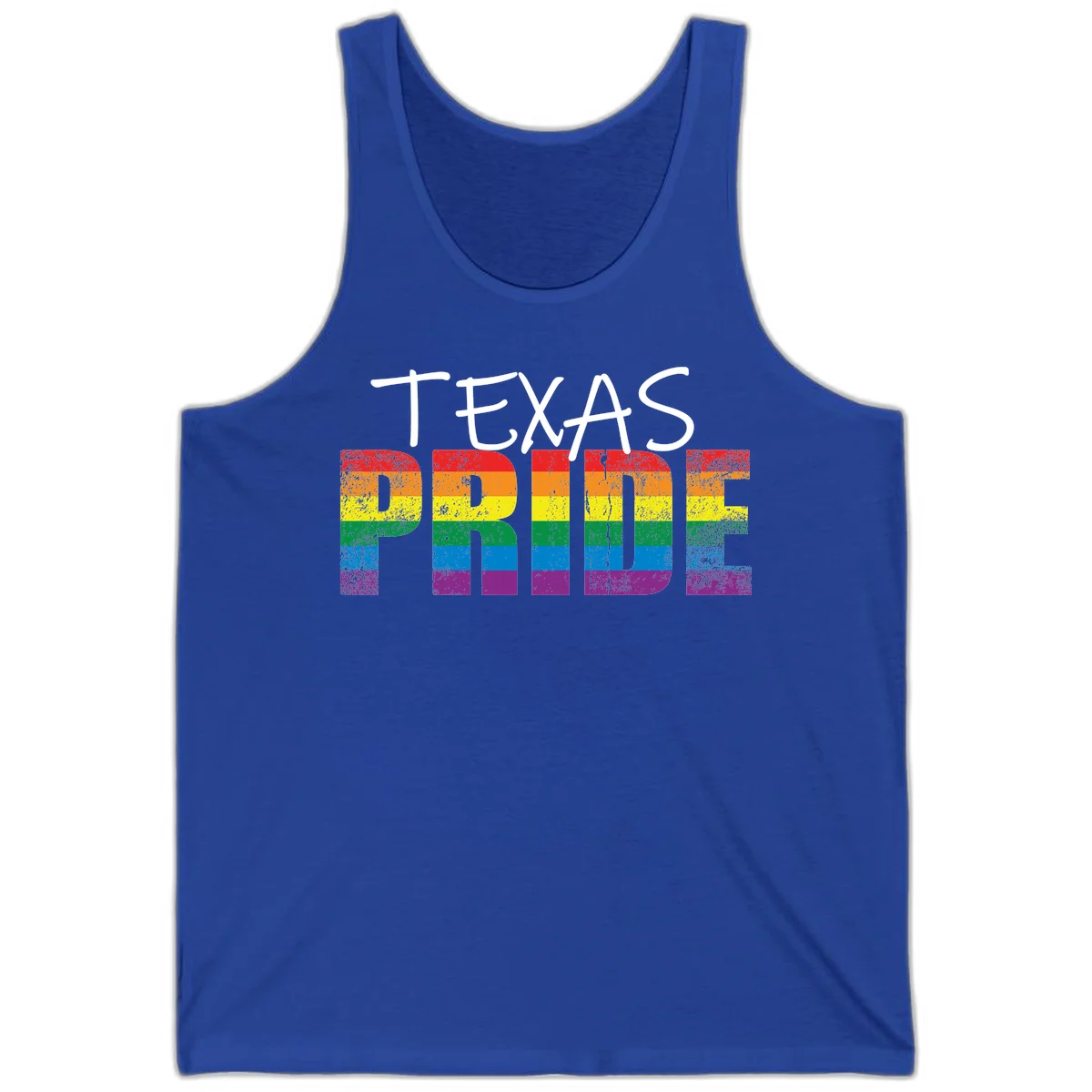White 'TEXAS PRIDE' text with 'PRIDE' filled in rainbow flag stripes on gray background with distressed texture in True Royal