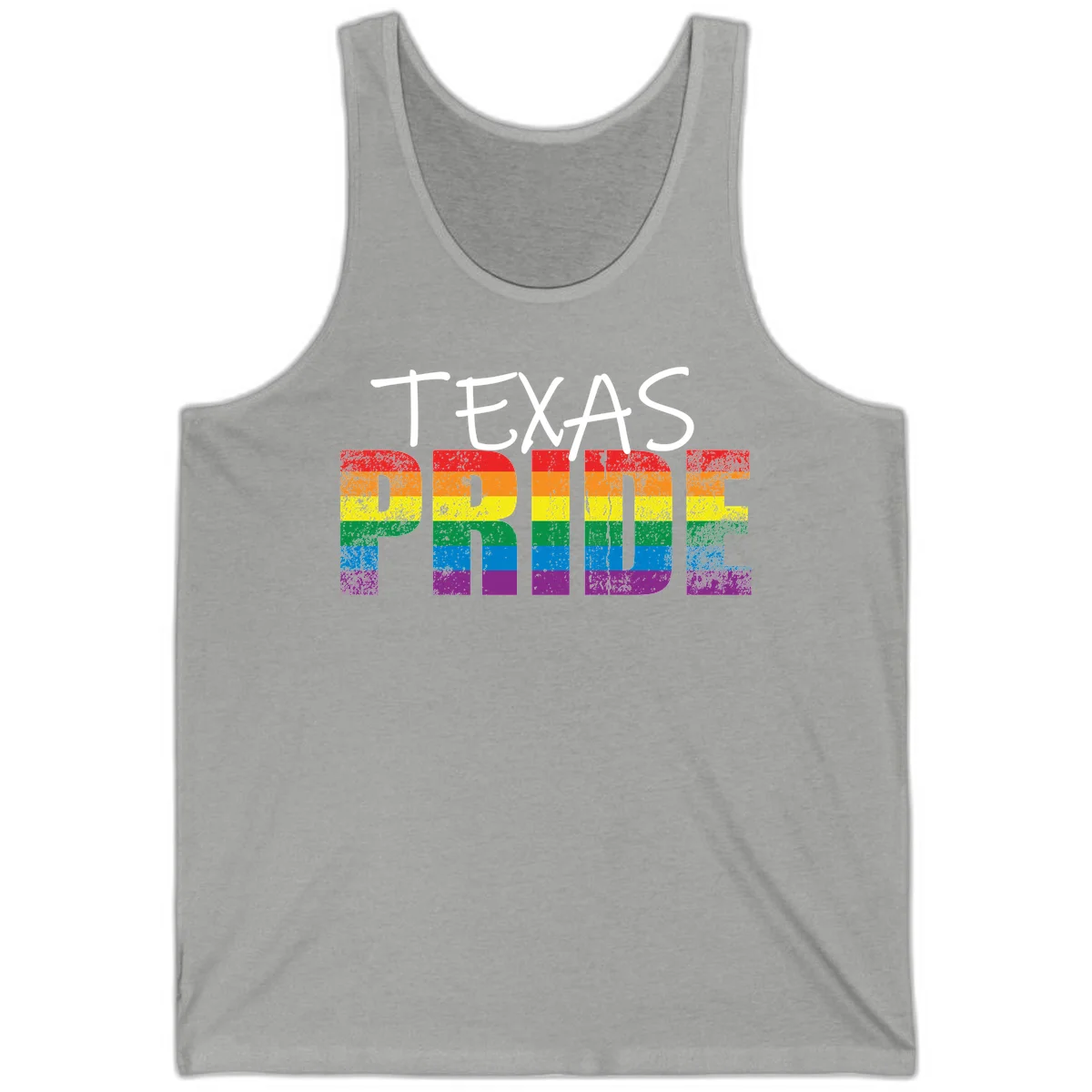White 'TEXAS PRIDE' text with 'PRIDE' filled in rainbow flag stripes on gray background with distressed texture in Athletic Heather