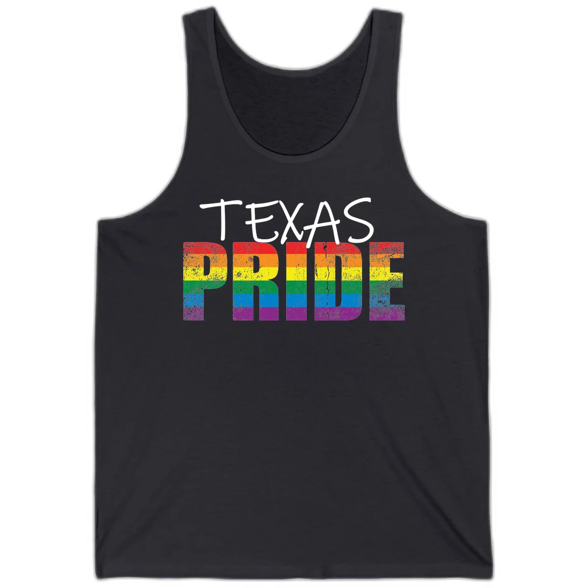 White 'TEXAS PRIDE' text with 'PRIDE' filled in rainbow flag stripes on gray background with distressed texture in Dark Grey