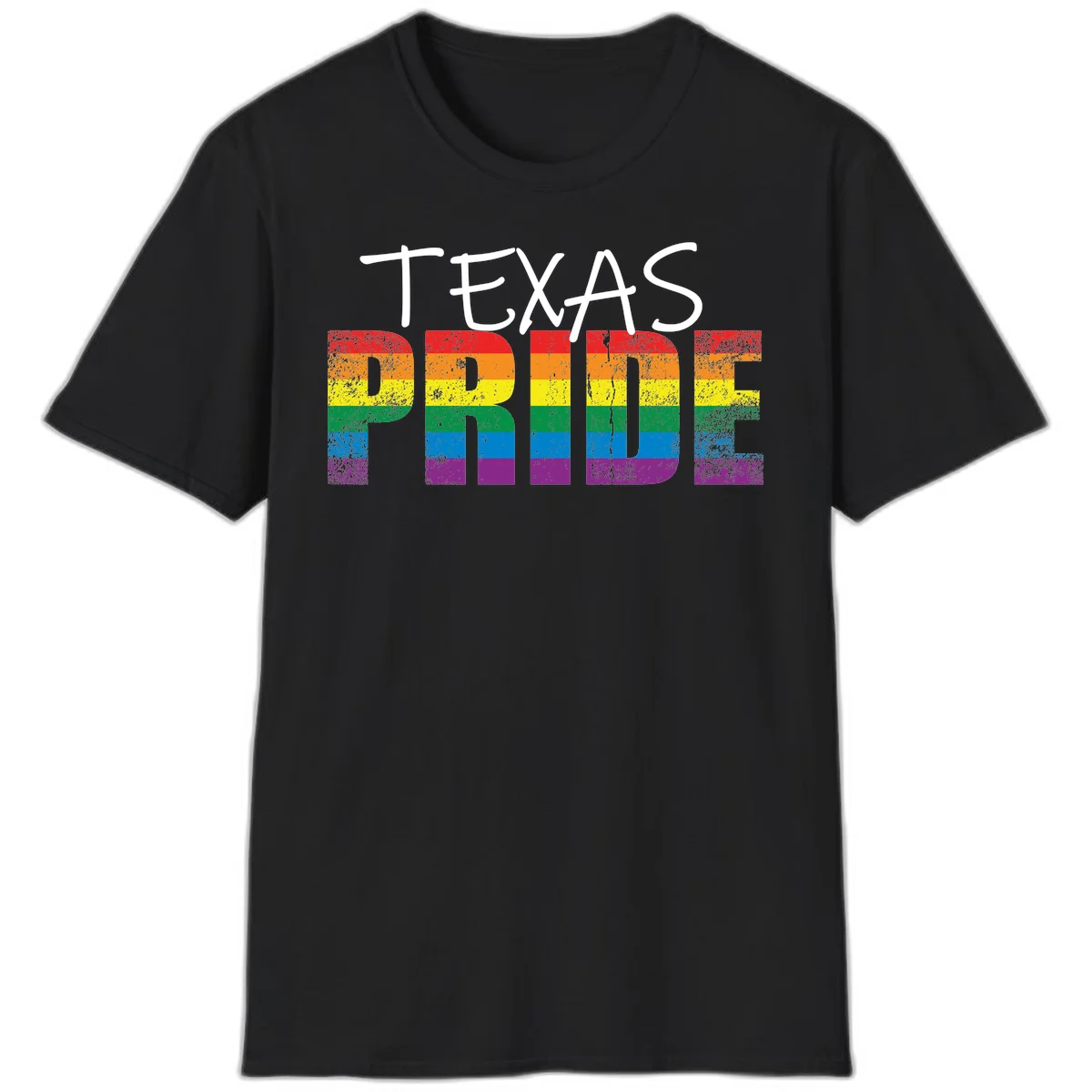 White 'TEXAS PRIDE' text with 'PRIDE' filled in rainbow flag stripes on gray background with distressed texture in Black
