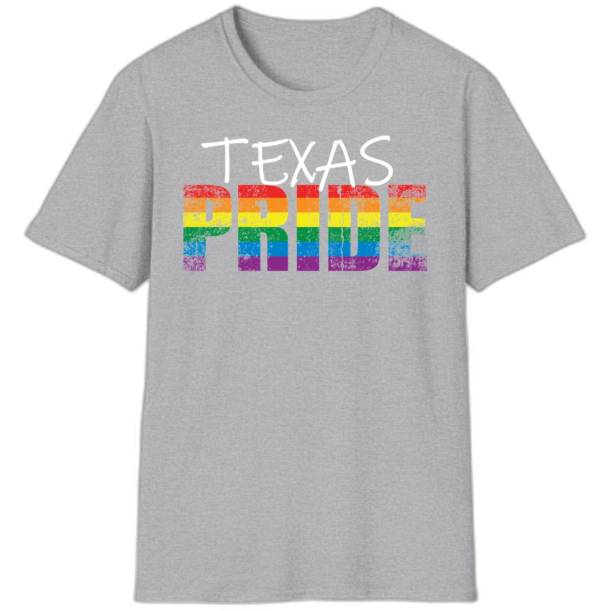 White 'TEXAS PRIDE' text with 'PRIDE' filled in rainbow flag stripes on gray background with distressed texture in Sport Grey