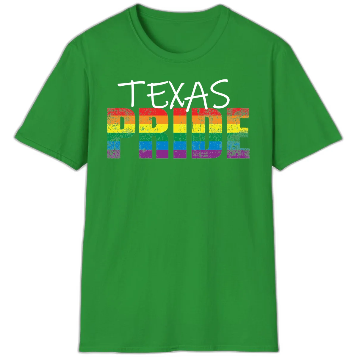 White 'TEXAS PRIDE' text with 'PRIDE' filled in rainbow flag stripes on gray background with distressed texture in Irish Green