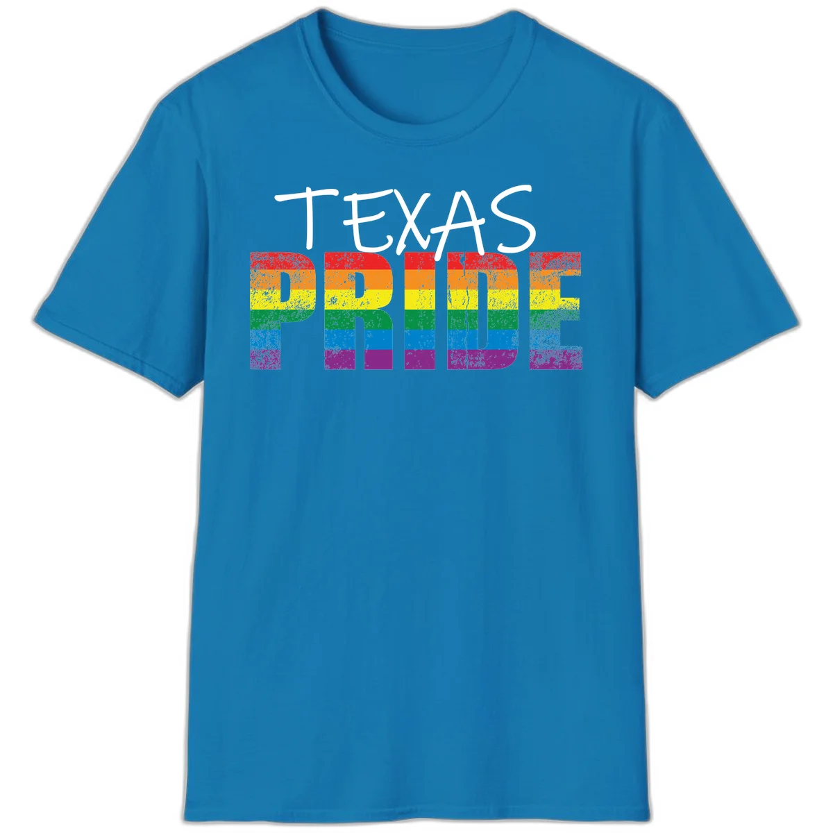 White 'TEXAS PRIDE' text with 'PRIDE' filled in rainbow flag stripes on gray background with distressed texture in Sapphire