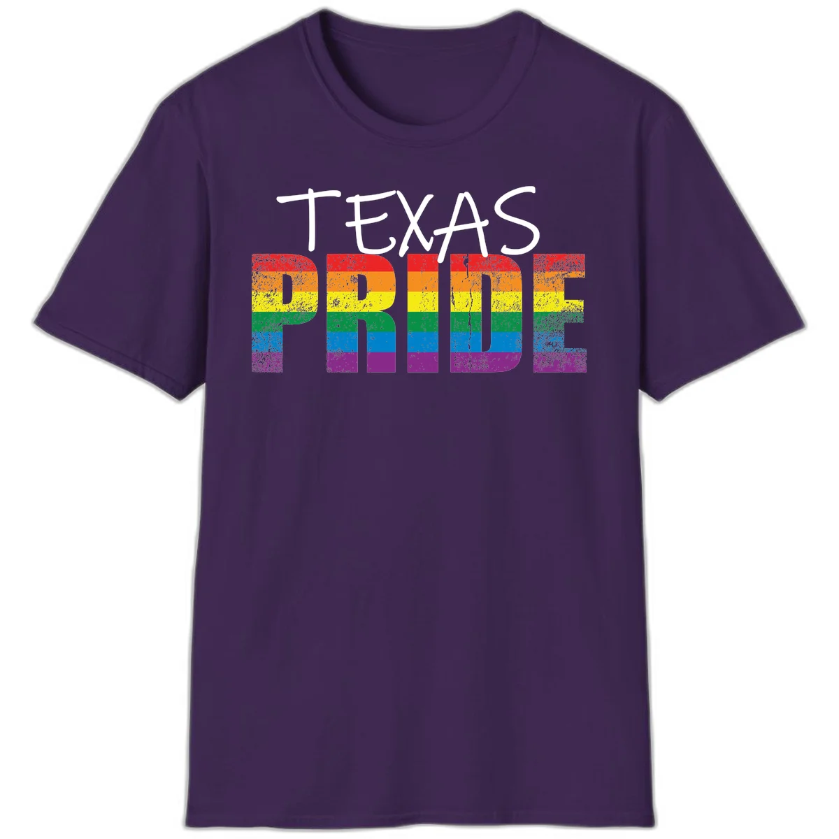 White 'TEXAS PRIDE' text with 'PRIDE' filled in rainbow flag stripes on gray background with distressed texture in Purple