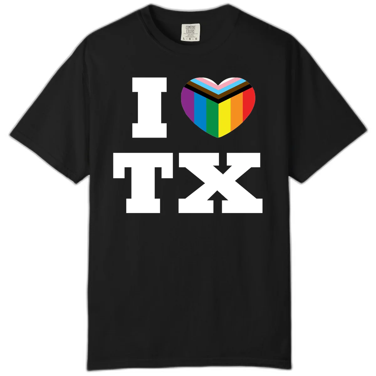 I love pride rainbow heart design with full spectrum stripes and chevron pattern overlay in Black