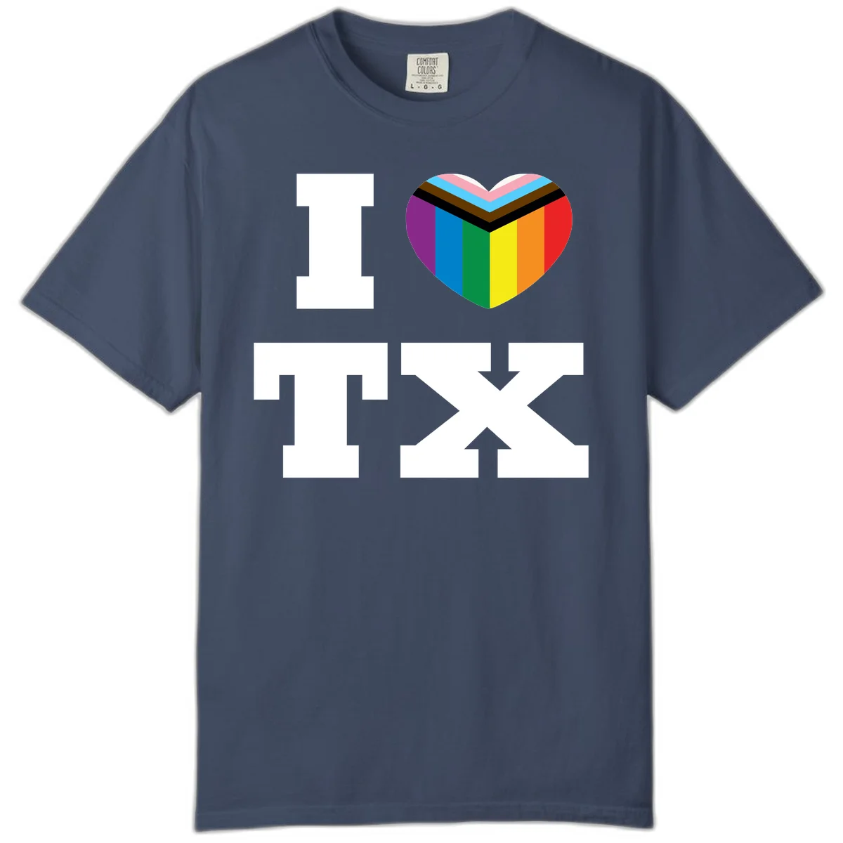 I love pride rainbow heart design with full spectrum stripes and chevron pattern overlay in Midnight