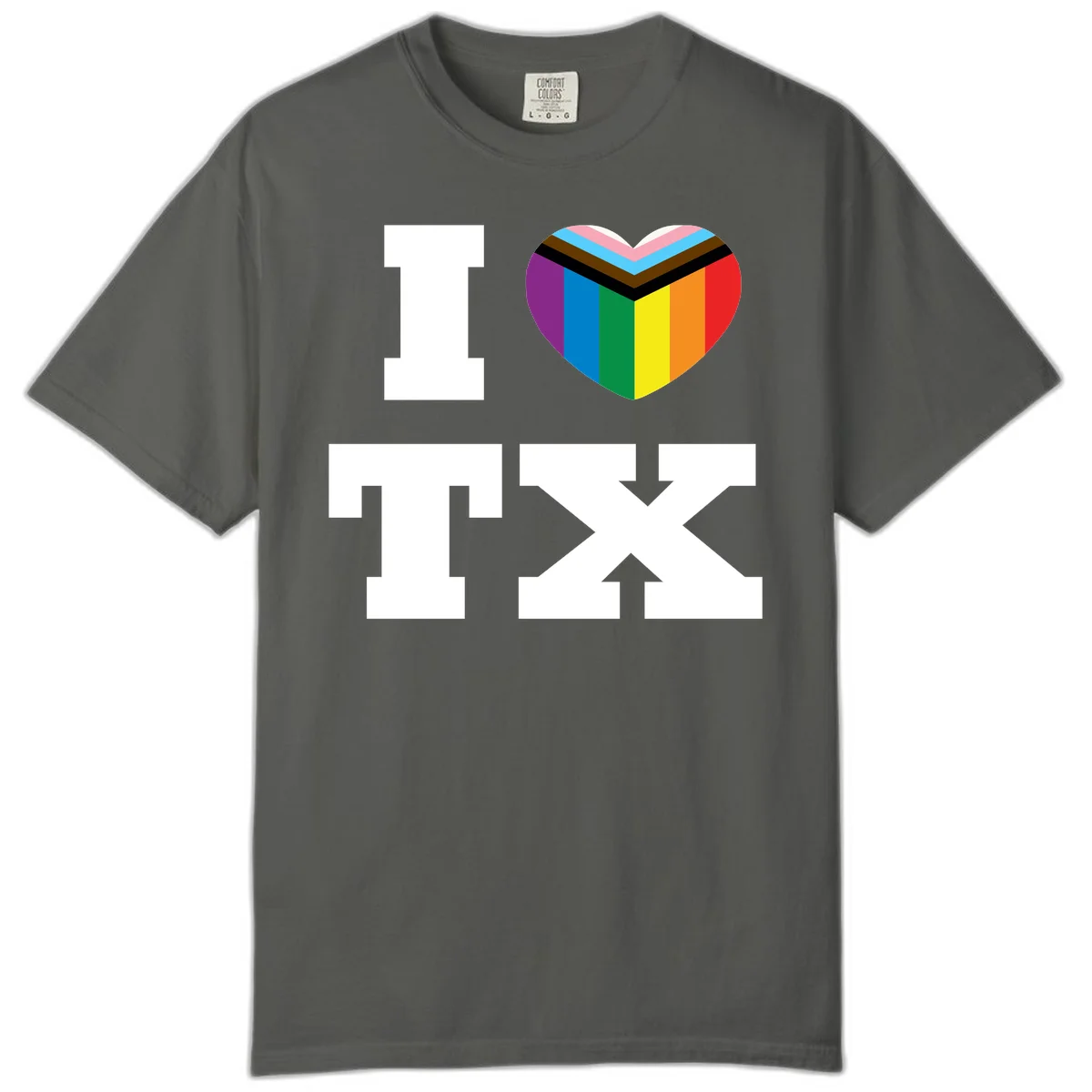 I love pride rainbow heart design with full spectrum stripes and chevron pattern overlay in Pepper