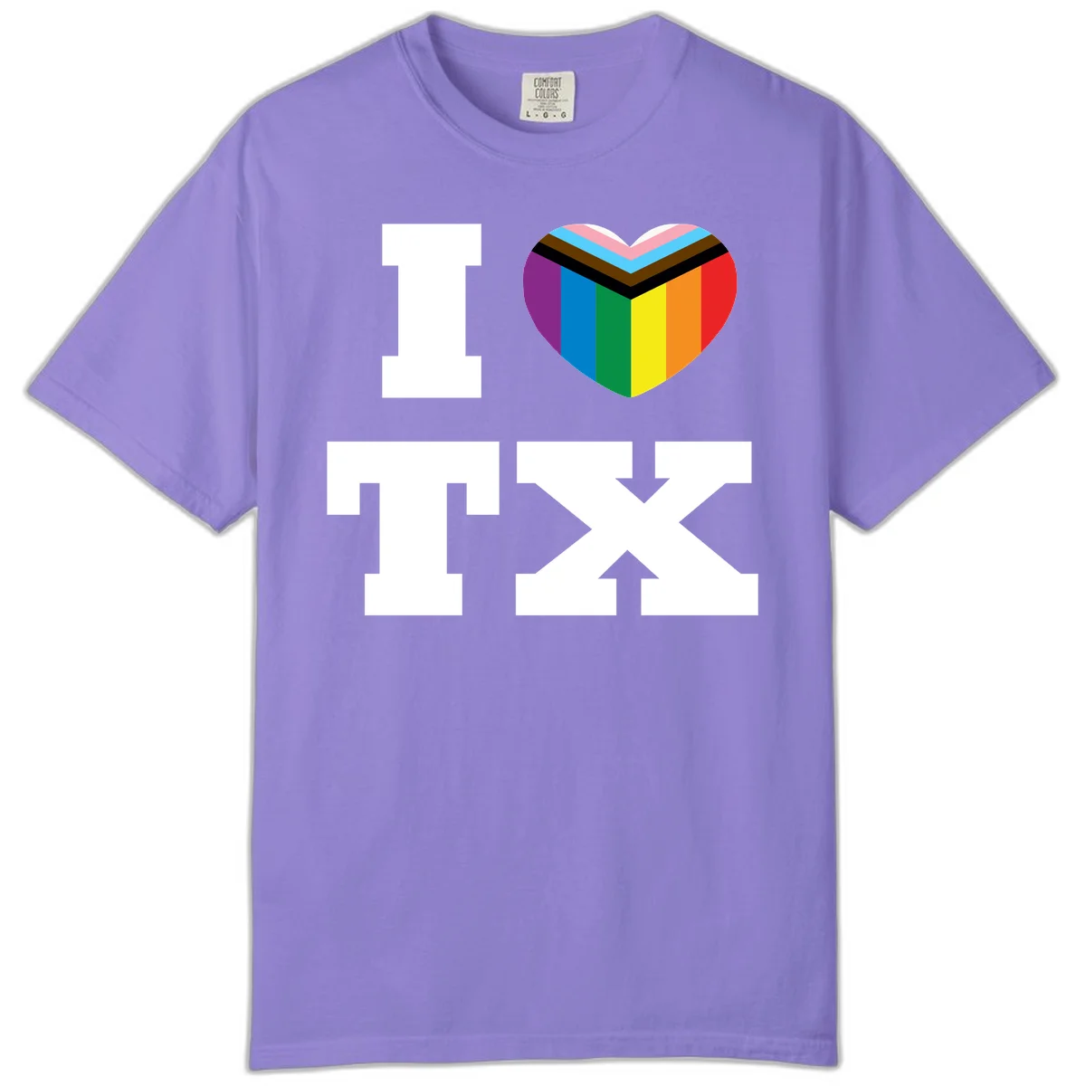 I love pride rainbow heart design with full spectrum stripes and chevron pattern overlay in Violet